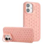 For iPhone 16 Honeycomb Radiating Lens Holder TPU Phone Case(Pink)