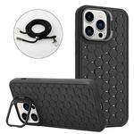 For iPhone 15 Pro Honeycomb Radiating Holder TPU Phone Case with Lanyard(Black)