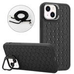 For iPhone 15 Plus Honeycomb Radiating Holder TPU Phone Case with Lanyard(Black)