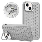 For iPhone 15 Plus Honeycomb Radiating Holder TPU Phone Case with Lanyard(Grey)