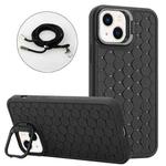 For iPhone 15 Honeycomb Radiating Holder TPU Phone Case with Lanyard(Black)