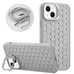 For iPhone 14 Plus Honeycomb Radiating Holder TPU Phone Case with Lanyard(Grey)
