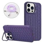 For iPhone 14 Pro Honeycomb Radiating Holder TPU Phone Case with Lanyard(Purple)