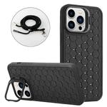 For iPhone 14 Pro Max Honeycomb Radiating Holder TPU Phone Case with Lanyard(Black)