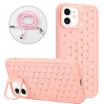 For iPhone 12 Honeycomb Radiating Holder TPU Phone Case with Lanyard(Pink)