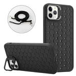 For iPhone 12 Pro Honeycomb Radiating Holder TPU Phone Case with Lanyard(Black)