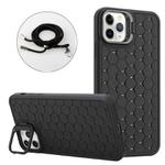 For iPhone 16 Pro Honeycomb Radiating Holder TPU Phone Case with Lanyard(Black)