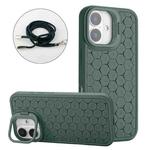 For iPhone 16 Plus Honeycomb Radiating Holder TPU Phone Case with Lanyard(Green)