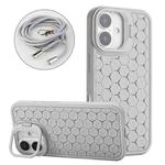 For iPhone 16 Honeycomb Radiating Holder TPU Phone Case with Lanyard(Grey)