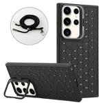 For Samsung Galaxy S24 Ultra 5G Honeycomb Radiating Holder TPU Phone Case with Lanyard(Black)