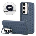 For Samsung Galaxy S24 5G Honeycomb Radiating Holder TPU Phone Case with Lanyard(Blue)