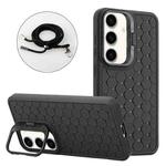 For Samsung Galaxy S23 FE 5G Honeycomb Radiating Holder TPU Phone Case with Lanyard(Black)