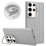 For Samsung Galaxy S23 Ultra 5G Honeycomb Radiating Holder TPU Phone Case with Lanyard(Grey)