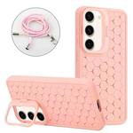 For Samsung Galaxy S23+ 5G Honeycomb Radiating Holder TPU Phone Case with Lanyard(Pink)