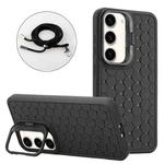 For Samsung Galaxy S23 5G Honeycomb Radiating Holder TPU Phone Case with Lanyard(Black)