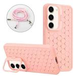 For Samsung Galaxy S23 5G Honeycomb Radiating Holder TPU Phone Case with Lanyard(Pink)