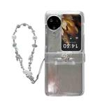 For OPPO Find N3 Flip Skin Feel PC Feather Gauze Glitter Paper Camellia Phone Case with Bracelet(Transparent)