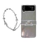 For Samsung Galaxy Z Flip4 5G Skin Feel PC Feather Gauze Glitter Paper Camellia Phone Case with Bracelet(Transparent)