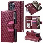 For iPhone 15 Pro Glitter Lattice Zipper Wallet Leather Phone Case(Wine Red)