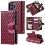 For iPhone 13 Pro Max Glitter Lattice Zipper Wallet Leather Phone Case(Wine Red)