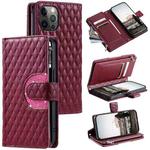 For iPhone 12 / 12 Pro Glitter Lattice Zipper Wallet Leather Phone Case(Wine Red)