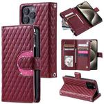 For iPhone 16 Pro Max Glitter Lattice Zipper Wallet Leather Phone Case(Wine Red)