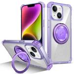 For iPhone 14 Plus Gold Shield CD Pattern MagSafe Magnetic Phone Case with Rotating Stand(Transparent Purple)