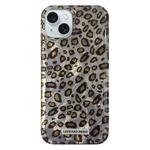 For iPhone 15 Feather Leopard Print Pattern Double-layer Acrylic+TPU Shockproof Phone Case(Grey)