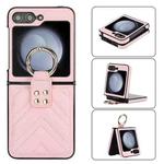 For Samsung Galaxy Z Flip5 V-shaped PU Hybrid TPU Ring Holder Phone Case(Pink)
