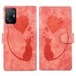 For Xiaomi 11T / 11T Pro Pen Heart Cat Embossed Leather Phone Case(Orange)