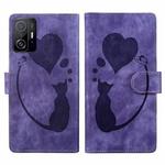 For Xiaomi 11T / 11T Pro Pen Heart Cat Embossed Leather Phone Case(Purple)