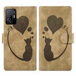 For Xiaomi 11T / 11T Pro Pen Heart Cat Embossed Leather Phone Case(Apricot)