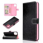 For iPhone 12 / 12 Pro Glitter Powder Horizontal Flip Leather Case with Card Slots & Holder & Photo Frame & Wallet & Lanyard(Black)