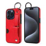 For iPhone 15 Pro Max Calf Texture Wrist Card Slot Ring Phone Case(Red)