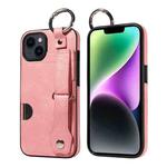 For iPhone 14 Plus Calf Texture Wrist Card Slot Ring Phone Case(Pink)