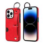 For iPhone 14 Pro Calf Texture Wrist Card Slot Ring Phone Case(Red)