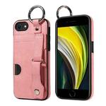 For iPhone 7 / 8 / SE 2022 Calf Texture Wrist Card Slot Ring Phone Case(Pink)