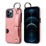 For iPhone 12 / 12 Pro Calf Texture Wrist Card Slot Ring Phone Case(Pink)