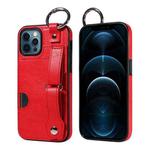 For iPhone 12 / 12 Pro Calf Texture Wrist Card Slot Ring Phone Case(Red)