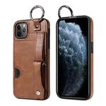 For iPhone 11 Pro Max Calf Texture Wrist Card Slot Ring Phone Case(Brown)