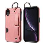 For iPhone XR Calf Texture Wrist Card Slot Ring Phone Case(Pink)