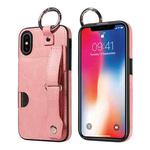 For iPhone X / XS Calf Texture Wrist Card Slot Ring Phone Case(Pink)