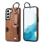 For Samsung Galaxy S22 5G Calf Texture Wrist Card Slot Ring Phone Case(Brown)