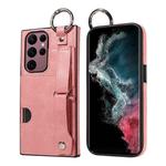 For Samsung Galaxy S22 Ultra 5G Calf Texture Wrist Card Slot Ring Phone Case(Pink)