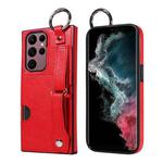 For Samsung Galaxy S22 Ultra 5G Calf Texture Wrist Card Slot Ring Phone Case(Red)