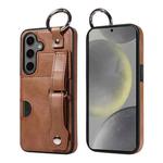 For Samsung Galaxy S24 5G Calf Texture Wrist Card Slot Ring Phone Case(Brown)