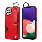 For Samsung Galaxy A22 4G Calf Texture Wrist Card Slot Ring Phone Case(Red)