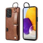 For Samsung Galaxy A52 4G/5G Calf Texture Wrist Card Slot Ring Phone Case(Brown)