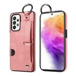 For Samsung Galaxy A73 5G Calf Texture Wrist Card Slot Ring Phone Case(Pink)