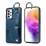 For Samsung Galaxy A73 5G Calf Texture Wrist Card Slot Ring Phone Case(Blue)